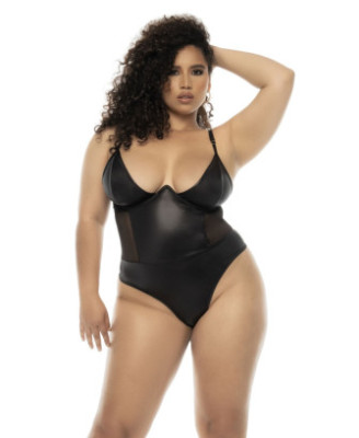 Bodystring Bibi grande taille en wetlook noir avec armatures, bretelles réglables 